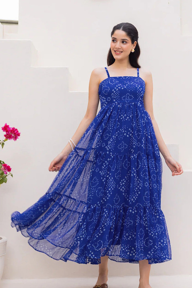 Dark Blue Fully Flared Garden Tiered Floral Sleeveless Maxi Dress PR