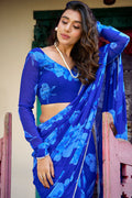 Royal Blue Floral Print Saree with Blouse Piece PR