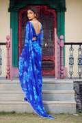 Royal Blue Floral Print Saree with Blouse Piece PR