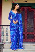 Royal Blue Floral Print Saree with Blouse Piece PR