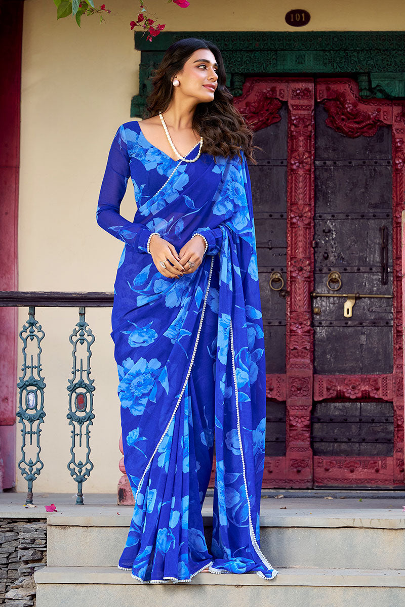 Royal Blue Floral Print Saree with Blouse Piece PR