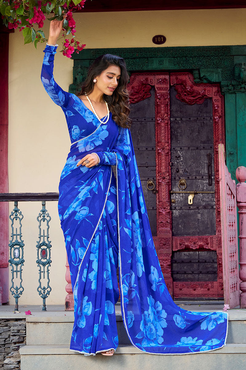 Royal Blue Floral Print Saree with Blouse Piece PR