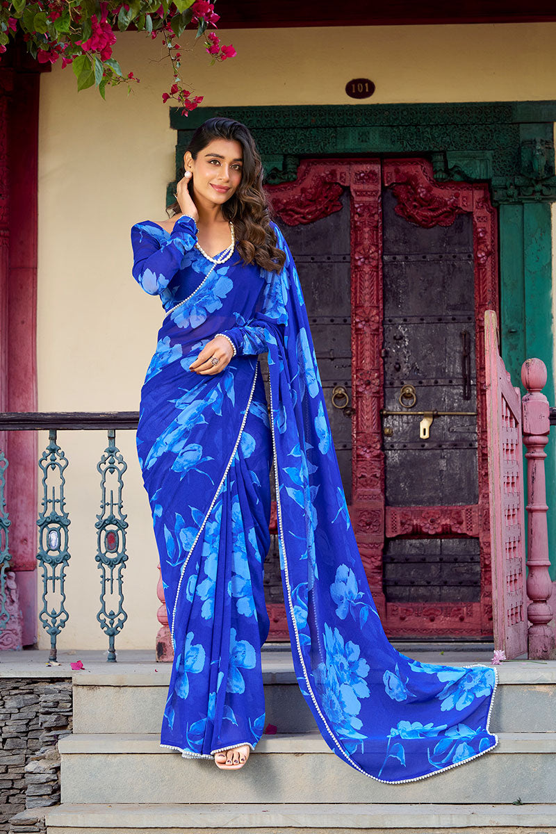 Royal Blue Floral Print Saree with Blouse Piece PR