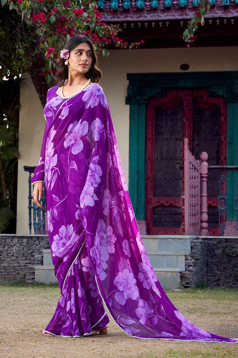 Designer Purple Floral Saree – Lightweight Partywear PR