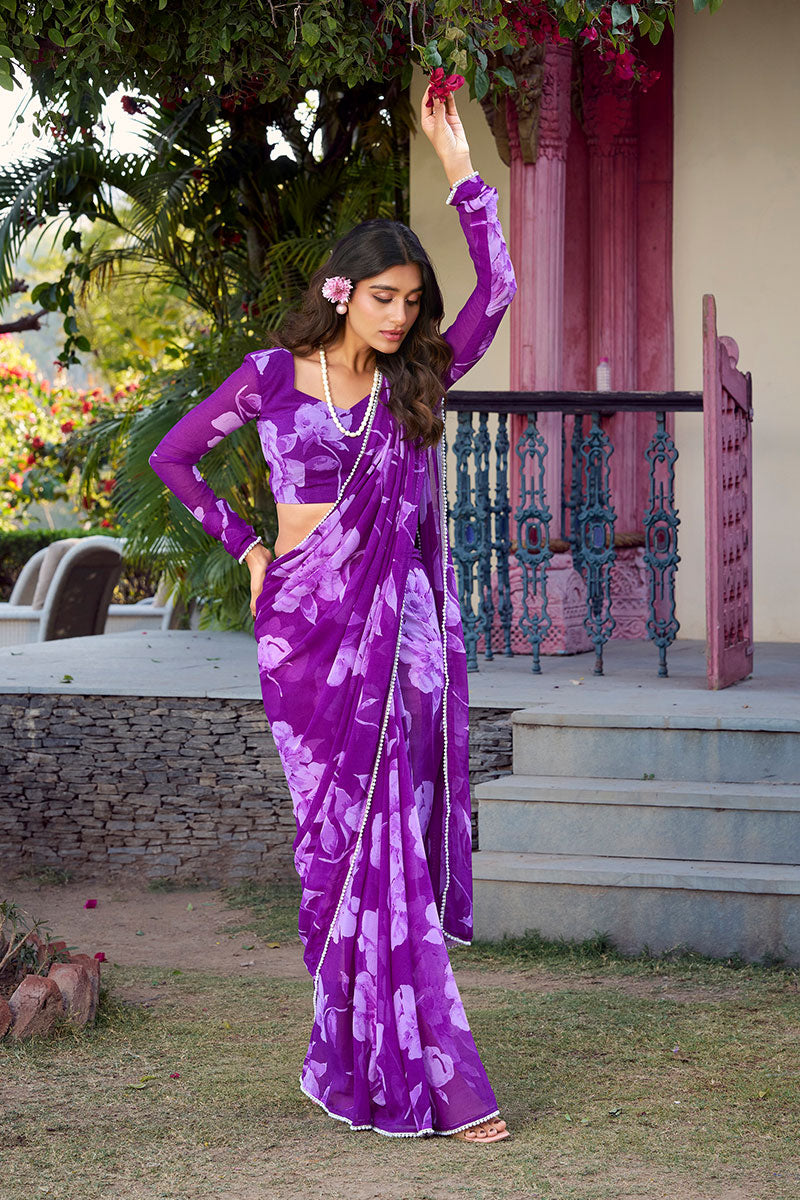 Designer Purple Floral Saree – Lightweight Partywear PR
