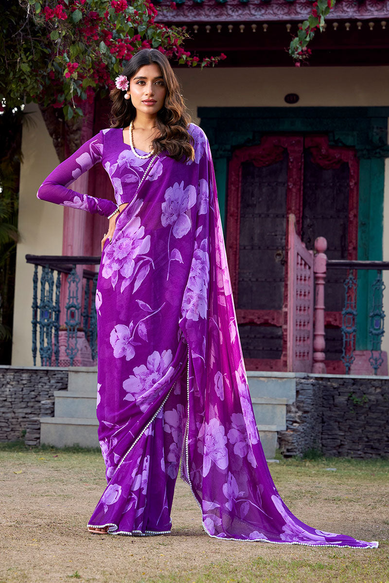 Designer Purple Floral Saree – Lightweight Partywear PR