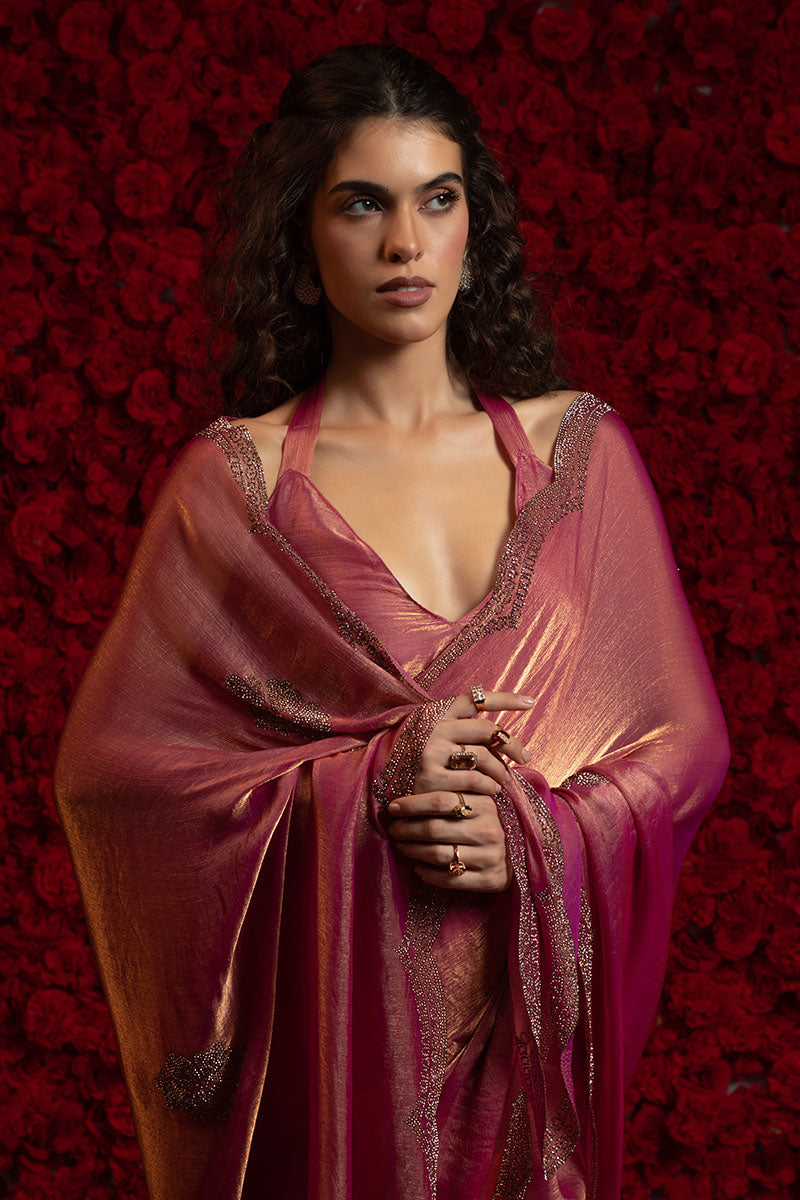 Exquisite Gajari Silk Saree – Elegant Metallic Sheen with Delicate Embellishment PR