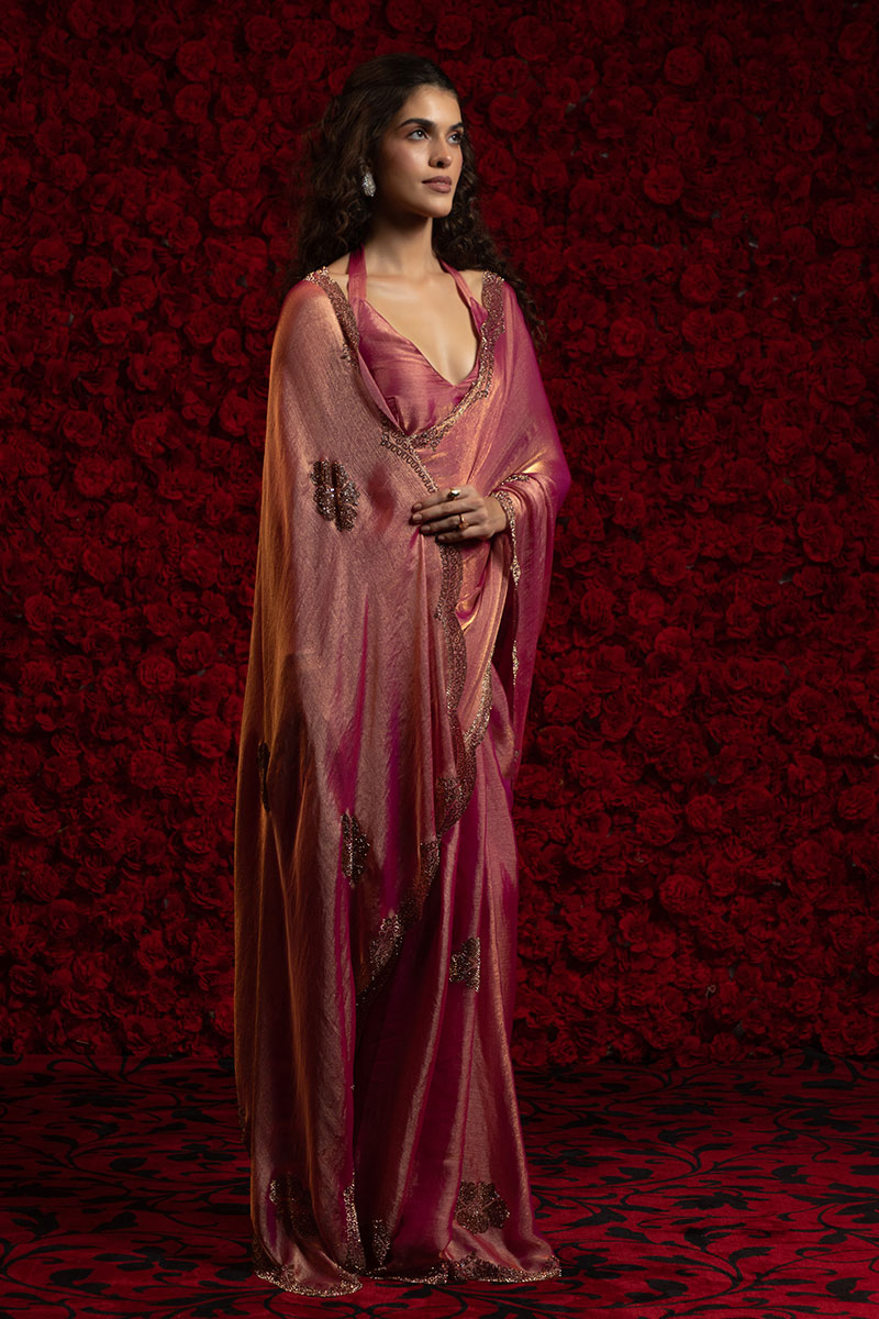 Exquisite Gajari Silk Saree – Elegant Metallic Sheen with Delicate Embellishment PR