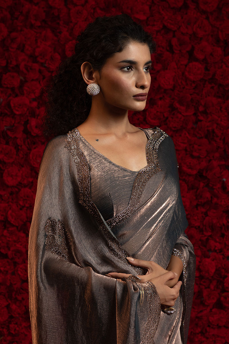 Metalic Grey Silk Saree – Elegant Metallic Sheen with Delicate Embellishment PR