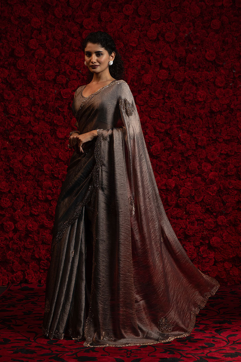 Metalic Grey Silk Saree – Elegant Metallic Sheen with Delicate Embellishment PR