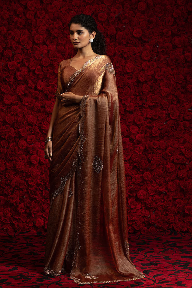 Peach Silk Saree – Elegant Metallic Sheen with Delicate Embellishment PR