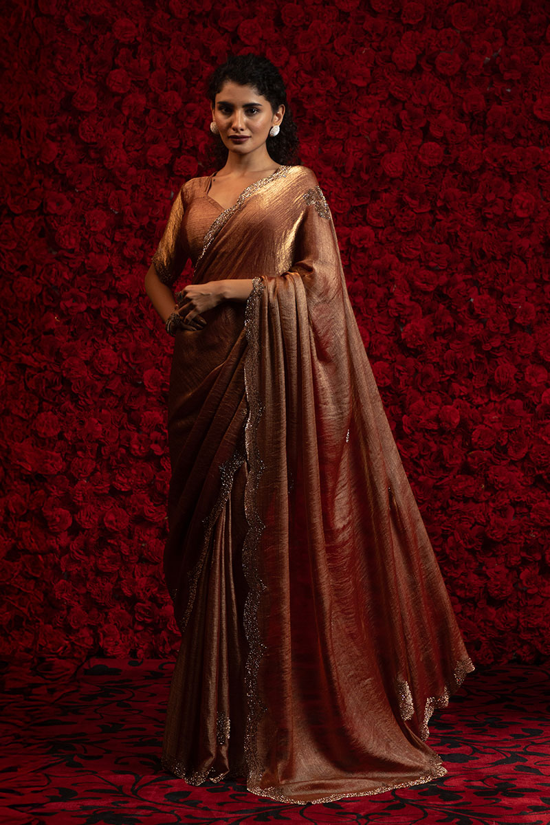 Peach Silk Saree – Elegant Metallic Sheen with Delicate Embellishment PR