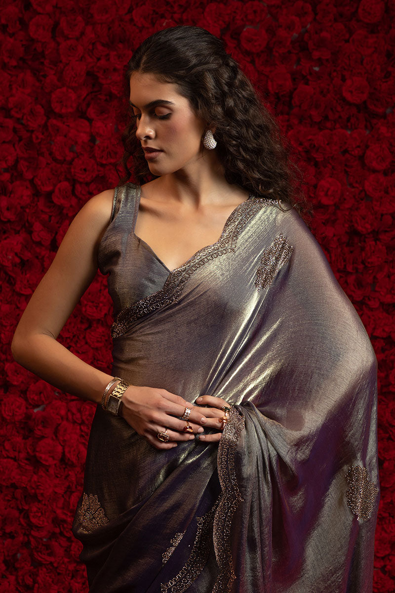 Grey Saree – Elegant Metallic Sheen with Delicate Embellishment PR