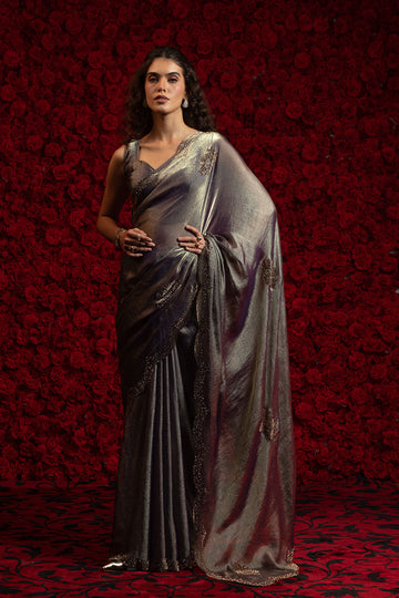 Grey Saree – Elegant Metallic Sheen with Delicate Embellishment PR