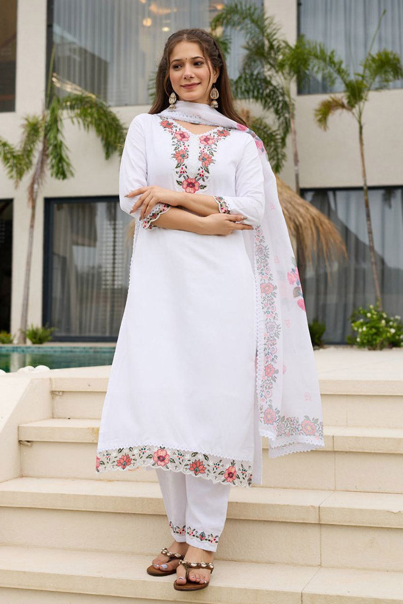 White Embroidered Kurta Set with Dupatta | Elegant Festive Wear UK PR