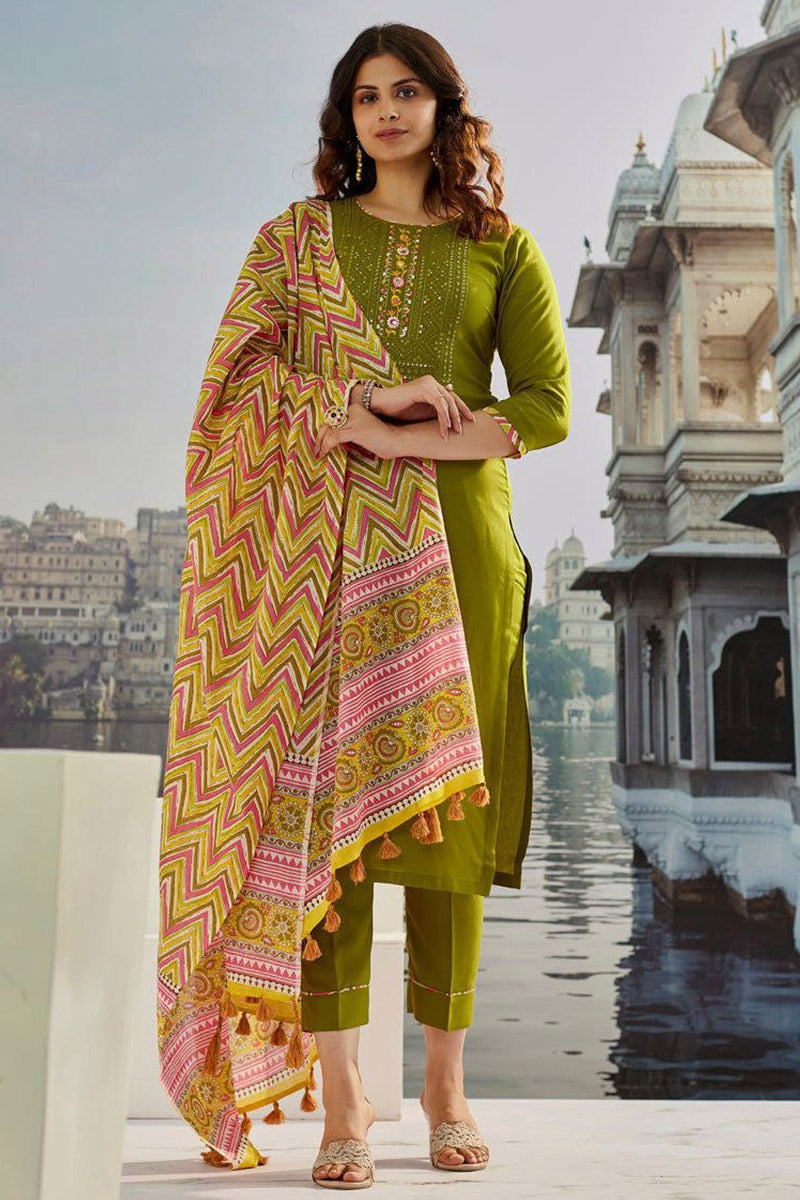 Mehendhi Green Embroidered Kurta Set with Dupatta | Elegant Festive Wear UK PR