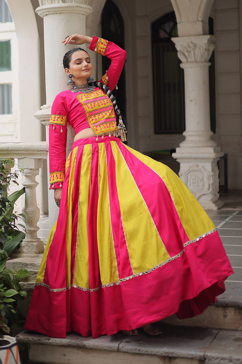 Pink & Yellow Mirror-Work Navratri Lehenga Choli – UK Festive Wear PR