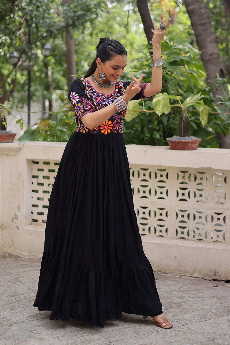Black Embroidered Navratri Anarkali Dress – Festival Garba Wear PR