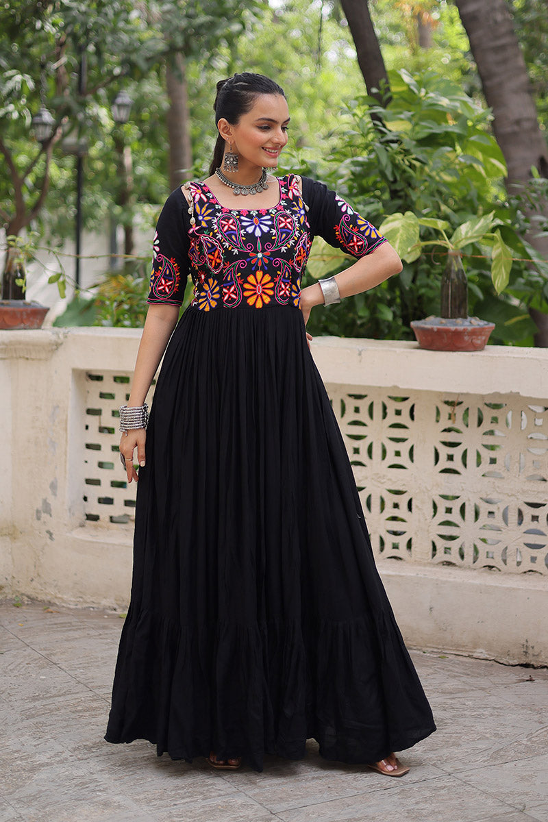 Black Embroidered Navratri Anarkali Dress – Festival Garba Wear PR