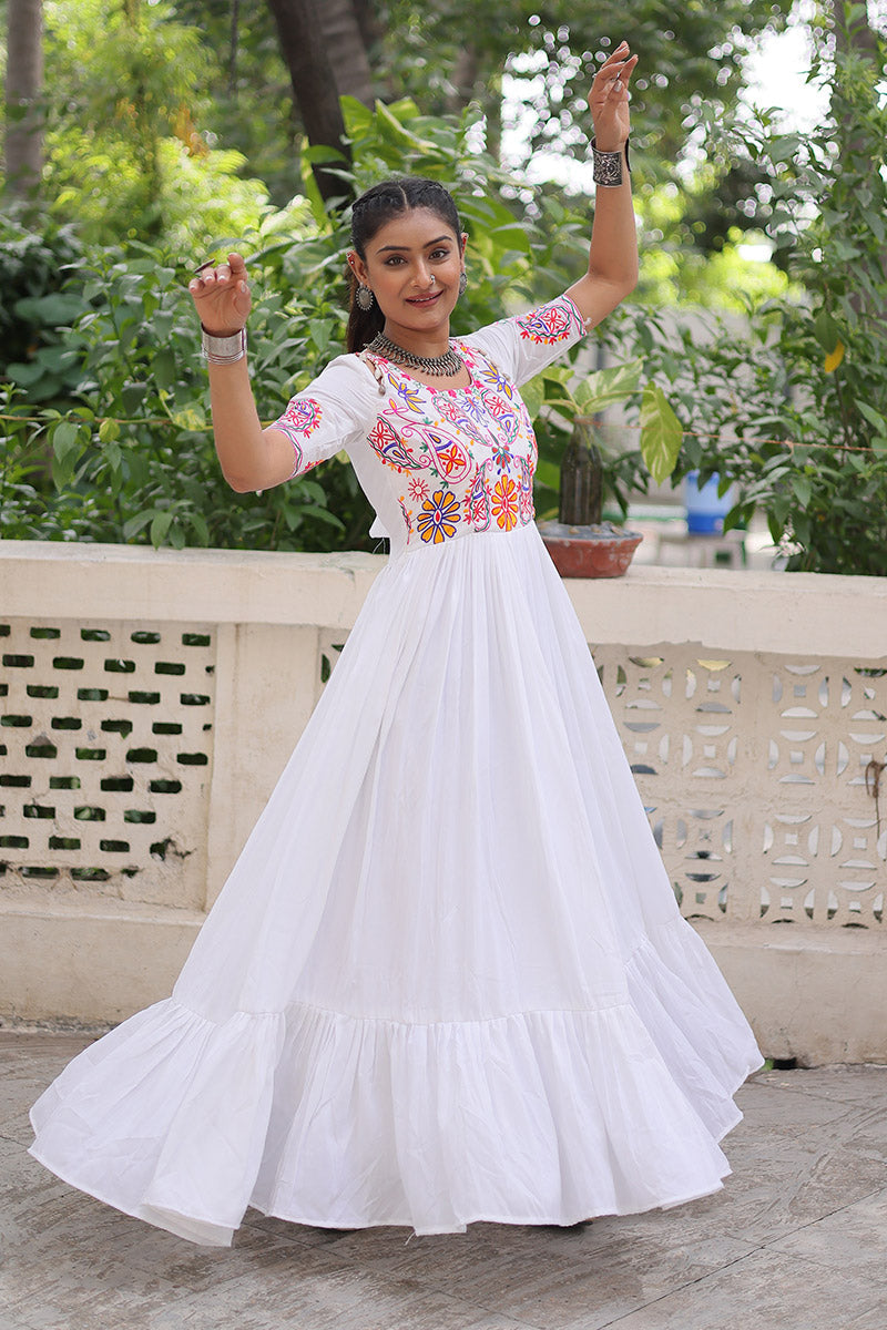White Embroidered Navratri Anarkali Dress – Festival Garba Wear PR