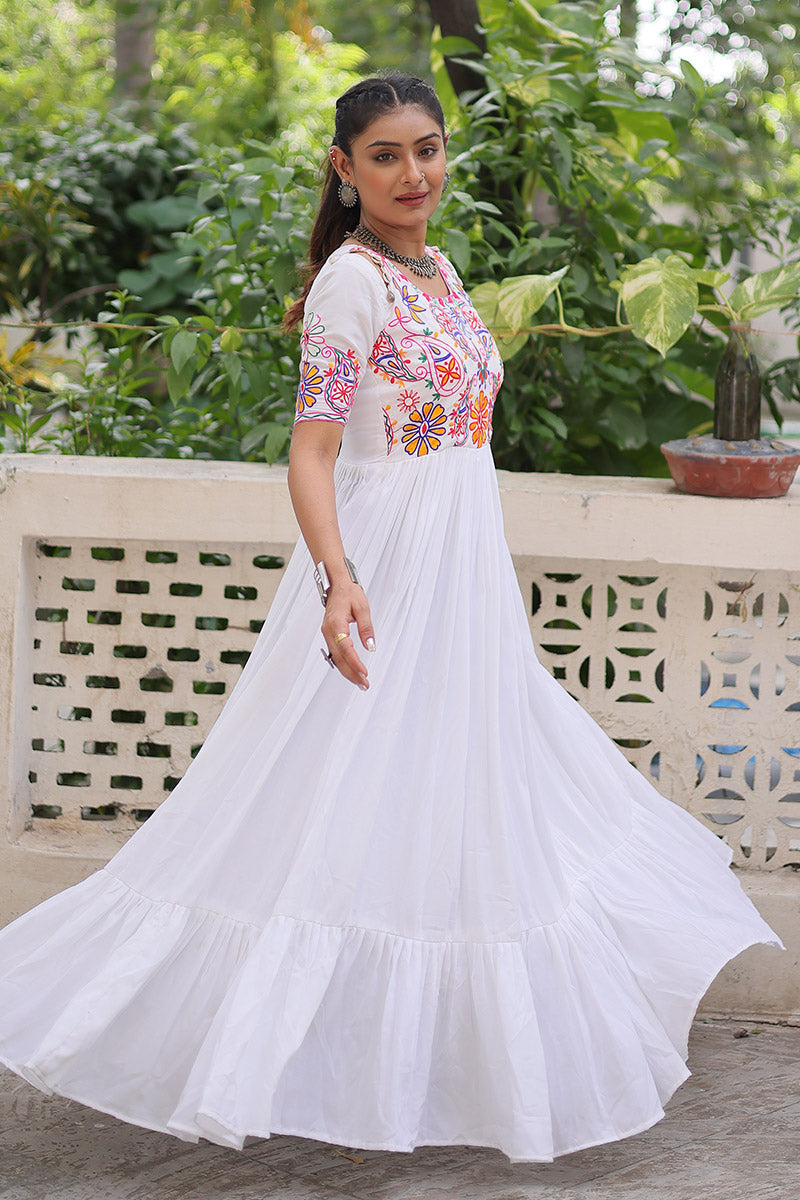 White Embroidered Navratri Anarkali Dress – Festival Garba Wear PR