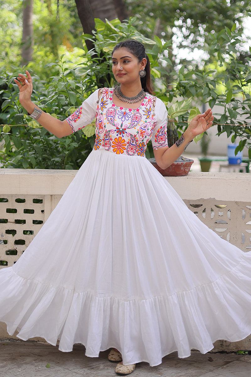 White Embroidered Navratri Anarkali Dress – Festival Garba Wear PR