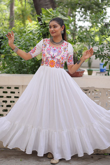 White Embroidered Navratri Anarkali Dress – Festival Garba Wear PR