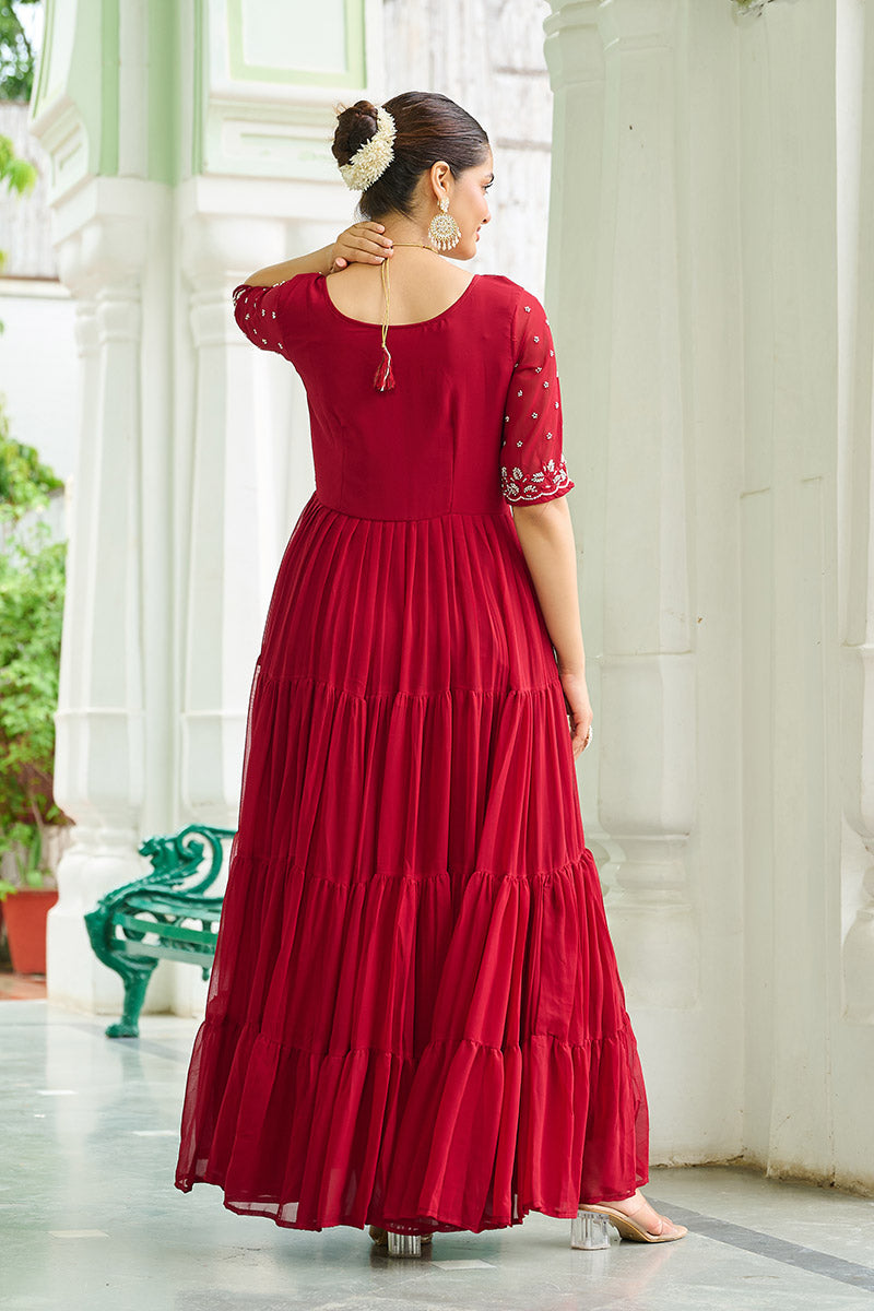 Luxurious Red Embroidered Maxi Ethnic Dress PR