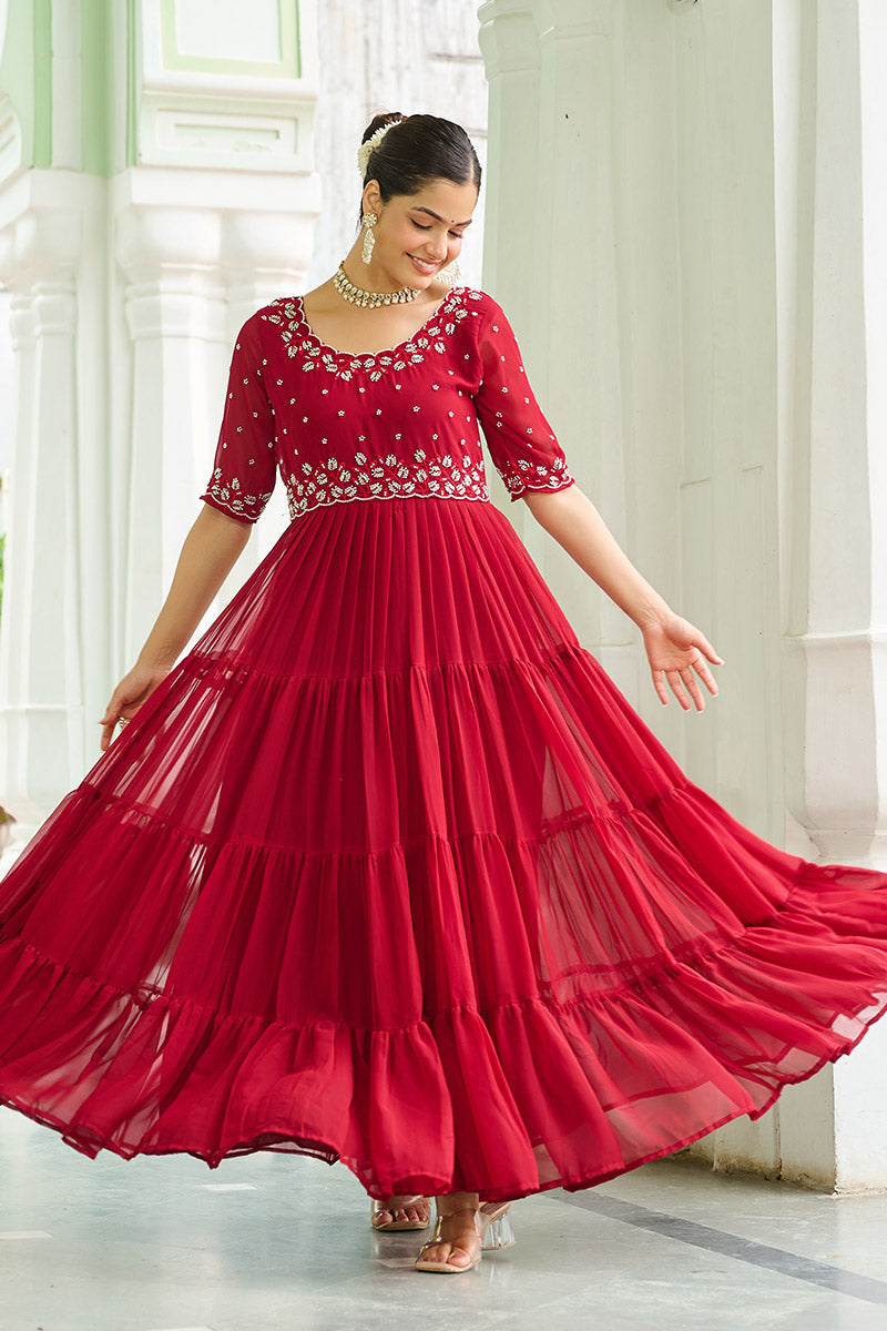 Luxurious Red Embroidered Maxi Ethnic Dress PR
