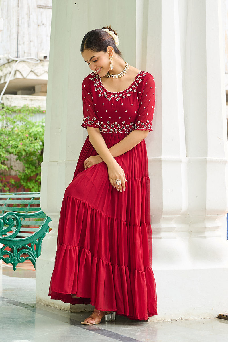 Luxurious Red Embroidered Maxi Ethnic Dress PR