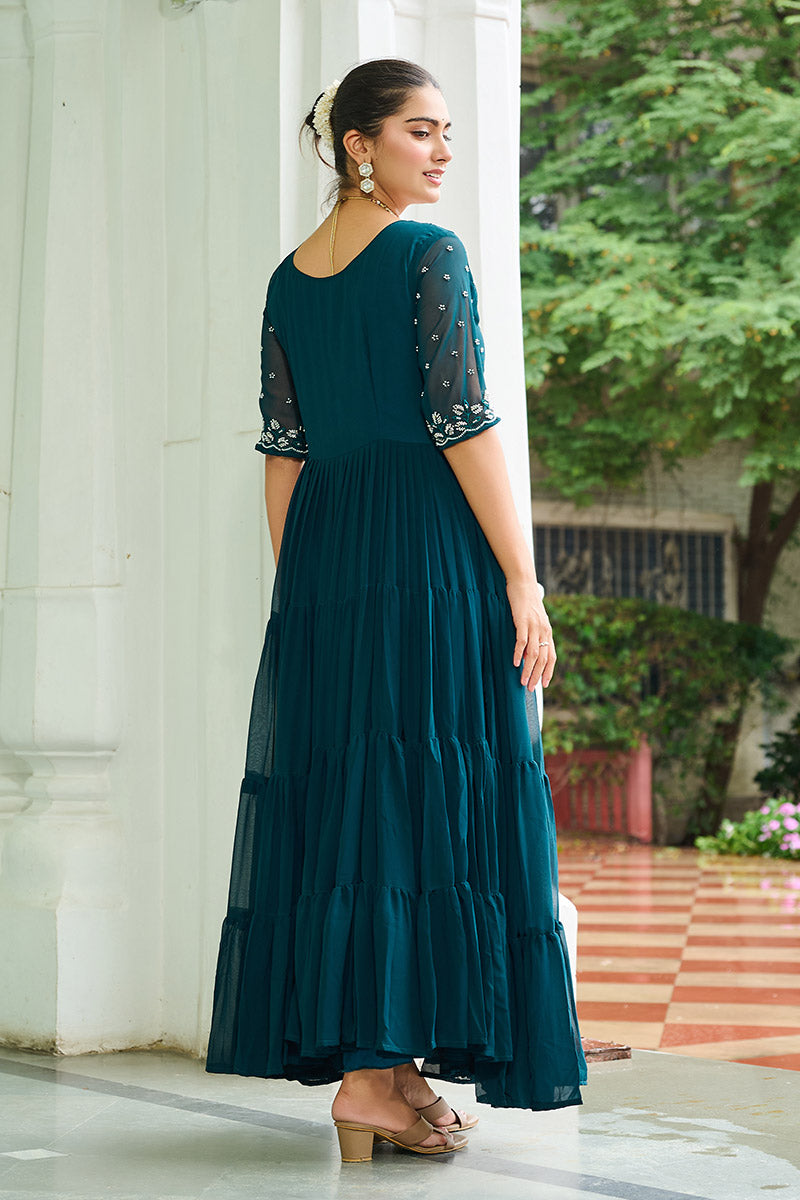 Elegant Rama Blue Embroidered Maxi Ethnic Dress PR