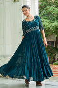 Elegant Rama Blue Embroidered Maxi Ethnic Dress PR