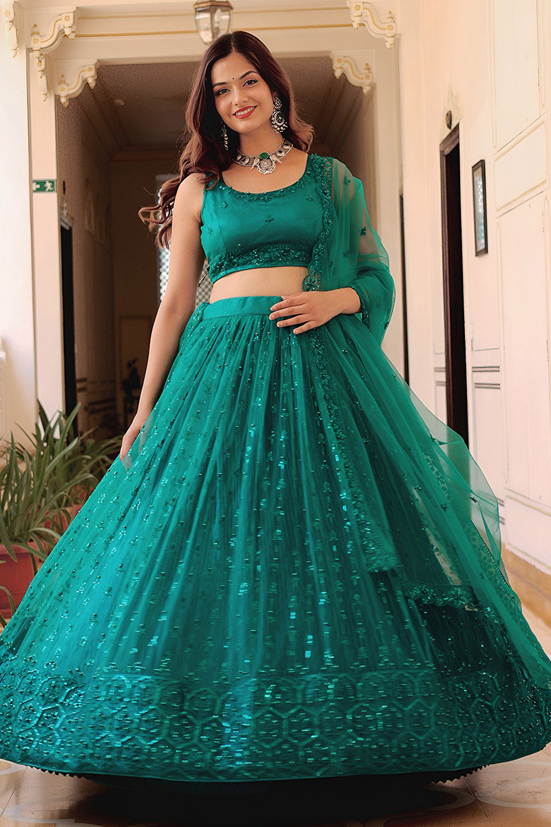 Teal Green Semi-Stitched Soft Net Lehenga with Sequins & Pearl Embroidery PR