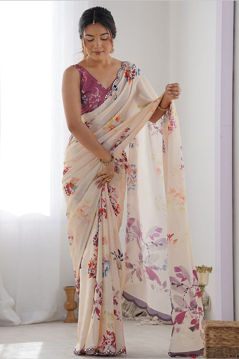 Elegant Cream Floral Georgette Party-Wear Saree PR