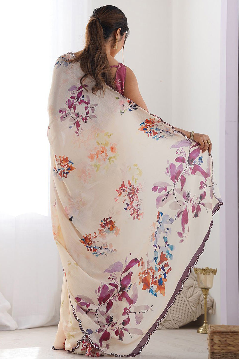 Elegant Cream Floral Georgette Party-Wear Saree PR