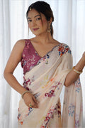 Elegant Cream Floral Georgette Party-Wear Saree PR