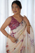Elegant Cream Floral Georgette Party-Wear Saree PR