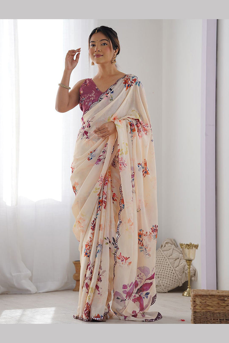 Elegant Cream Floral Georgette Party-Wear Saree PR