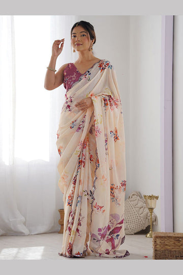 Elegant Cream Floral Georgette Party-Wear Saree PR