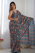 Dark Blue Floral Georgette Saree | Party & Festive Wear PR