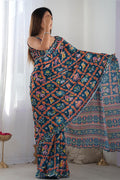 Dark Blue Floral Georgette Saree | Party & Festive Wear PR