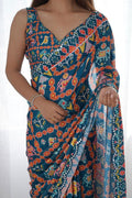 Dark Blue Floral Georgette Saree | Party & Festive Wear PR