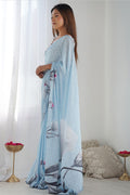 Denim Blue Georgette Saree with Floral Design | Wedding & Party PR