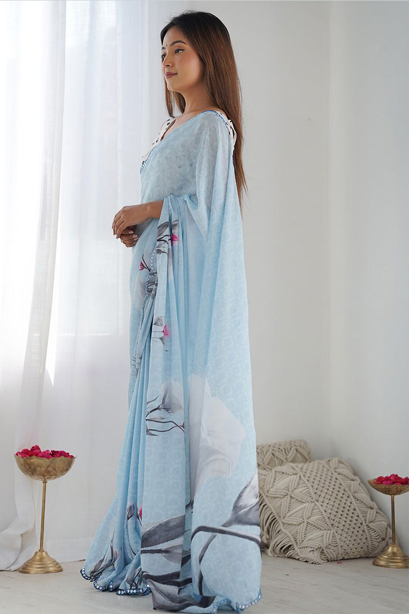 Denim Blue Georgette Saree with Floral Design | Wedding & Party PR