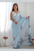 Denim Blue Georgette Saree with Floral Design | Wedding & Party PR
