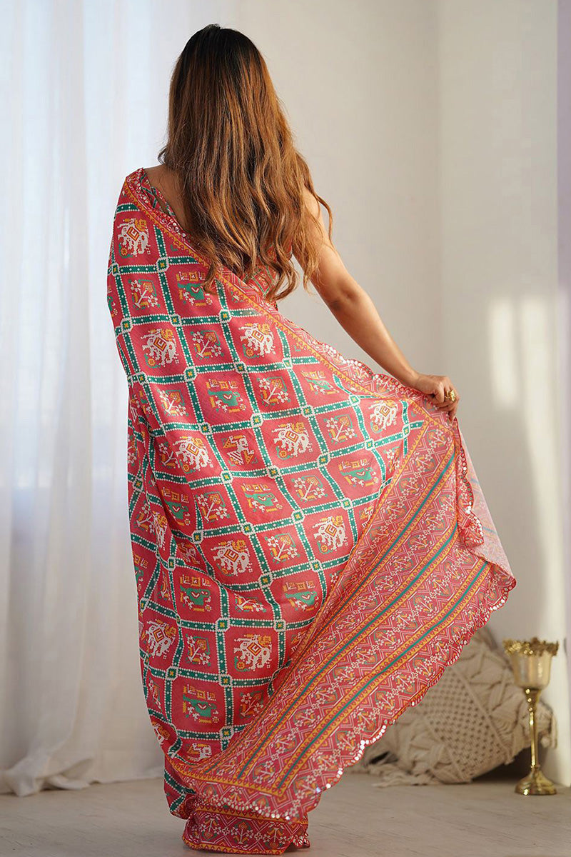 Red Saree with Geometric Print | Party & Wedding Georgette PR
