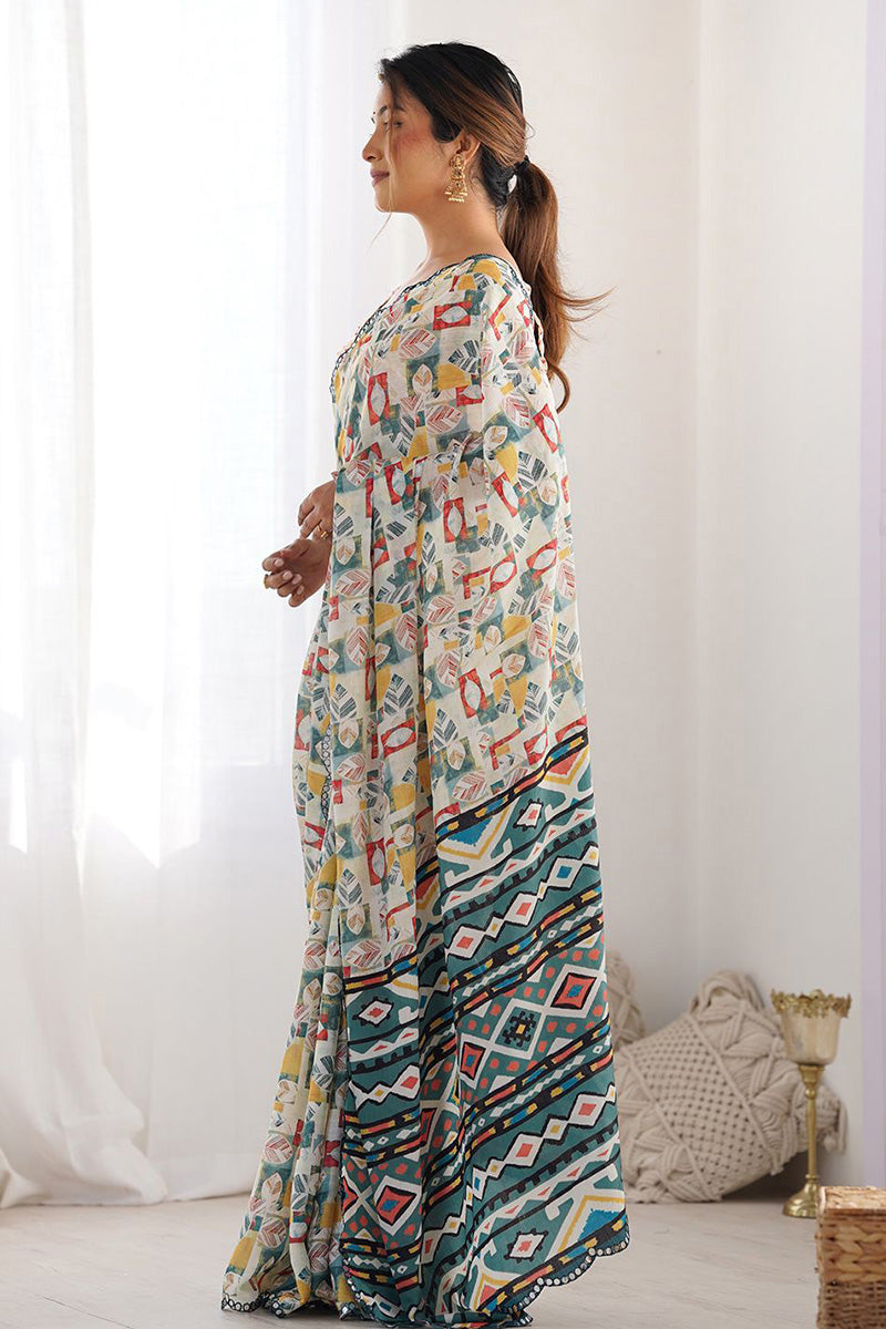White Georgette Saree with Floral Design | Wedding & Party PR