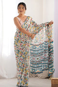 White Georgette Saree with Floral Design | Wedding & Party PR