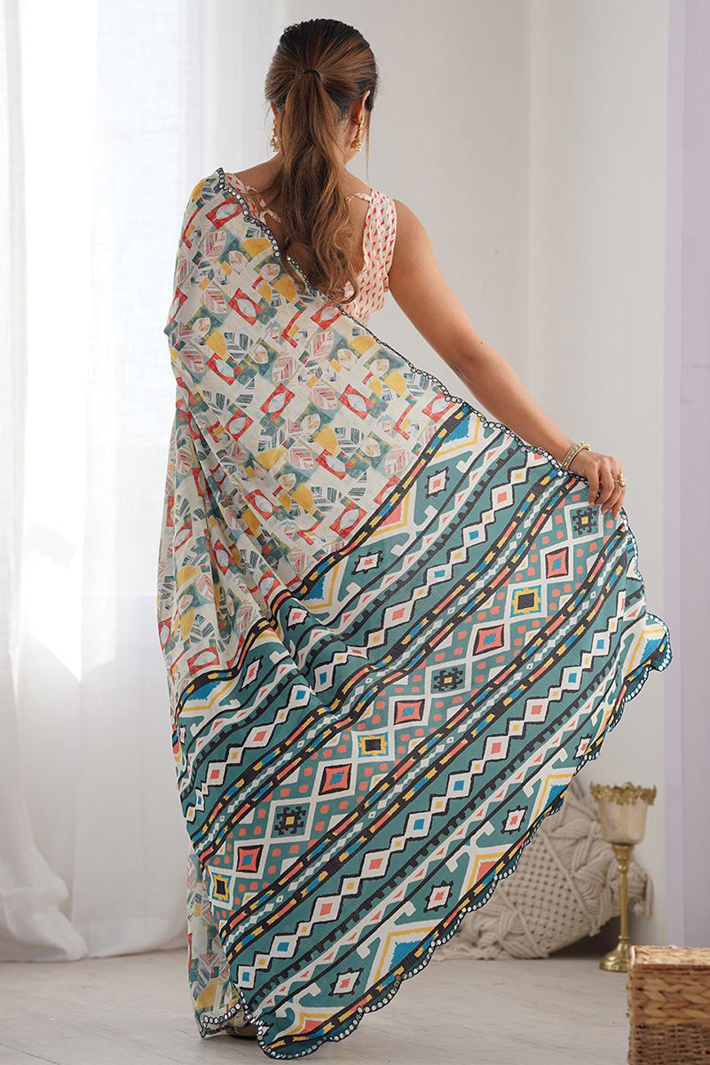 White Georgette Saree with Floral Design | Wedding & Party PR