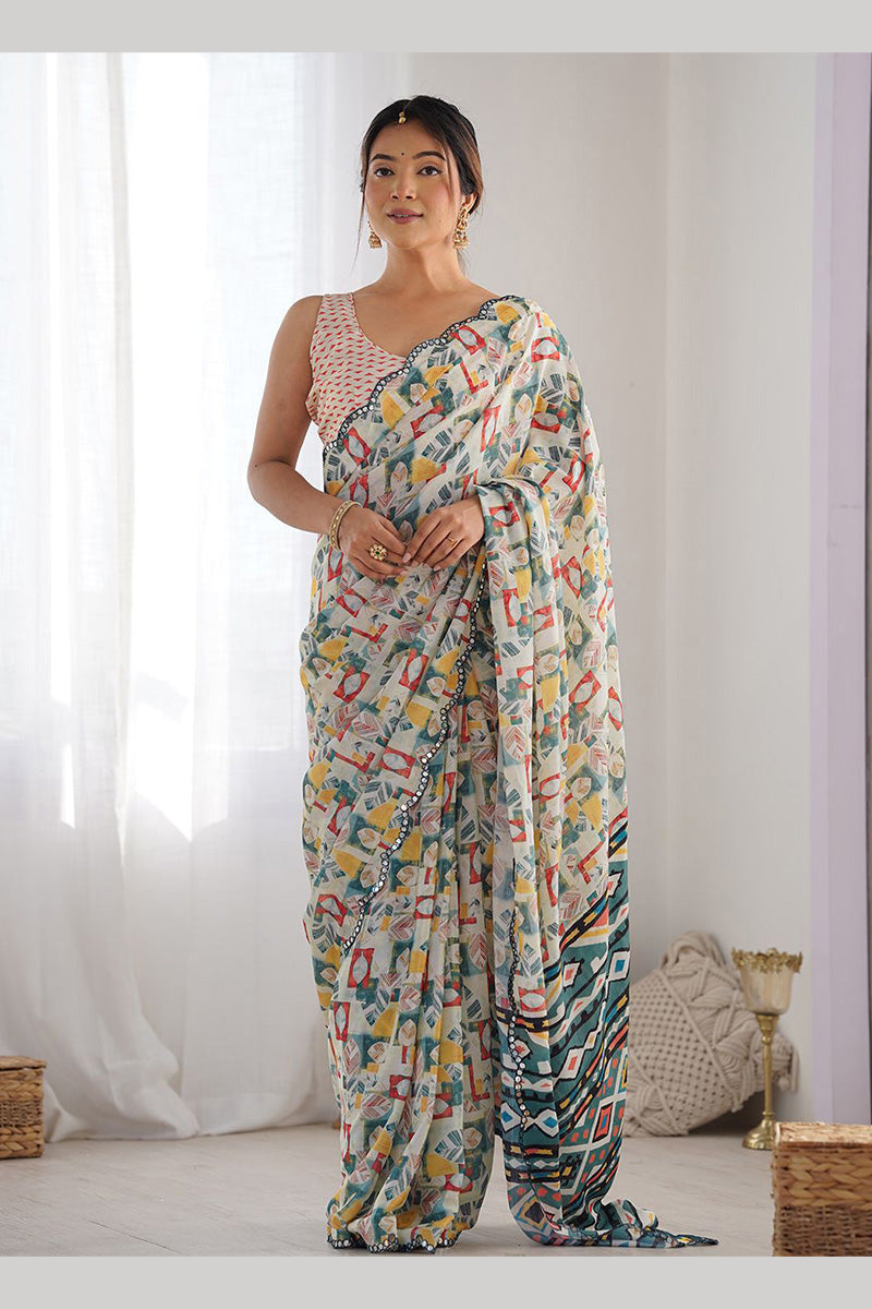 White Georgette Saree with Floral Design | Wedding & Party PR